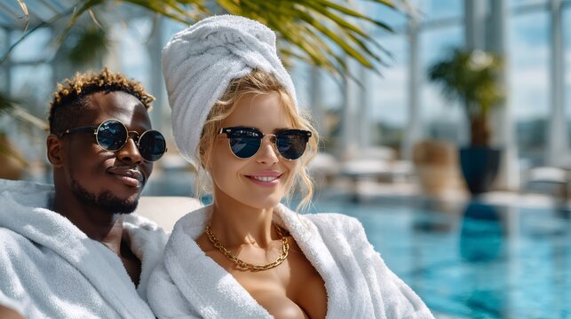 Diverse couple relaxing at luxury spa poolside