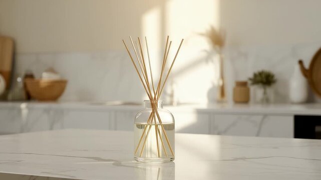 Glass aroma diffuser with wooden sticks on bright marble kitchen counter in natural sunlight creating a warm and minimalist home atmosphere