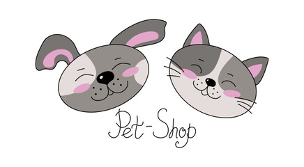 Cartoon cat and dog, cute pet faces. Logo, icons, hand-lettering. Pet store. Hand-drawn doodles. Pet supplies. Banner.