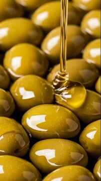 Green olive closeup with golden oil drizzle glossy texture appetizing fresh green olive with golden