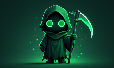Adorable digital grim reaper character with glowing pixel eyes and scythe on dark green background.