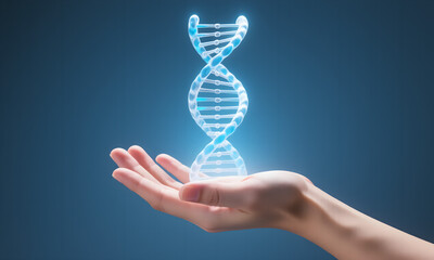 Human Hand Holding Glowing Blue DNA Double Helix, Representing Genetics and Biotechnology on Dark Background.