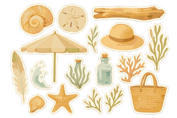 Seaside Watercolor Stickers. Seaside midsummer escape. Realistic hand-painted watercolor style sticker sheet