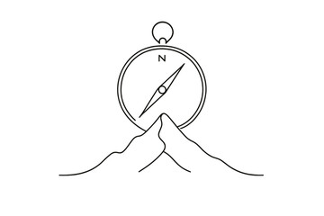 Minimalist Compass Art. Let’s Explore. minimalistic one-line drawing of a compass and mountain peak,
