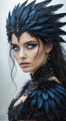 A stunning woman with piercing blue eyes wears an intricate feather and jewel headdress and matching outfit, against a pale background.
