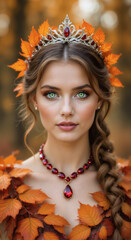 A beautiful woman with vivid green eyes wears an autumn leaf crown and ruby necklace, adorned with leaves, against a blurred forest background.