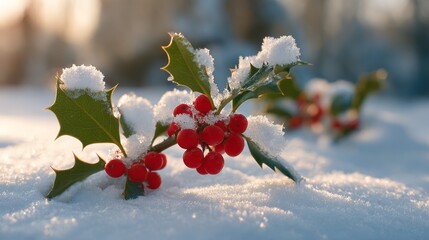 Holly branch with berries buried in snow. Winter morning