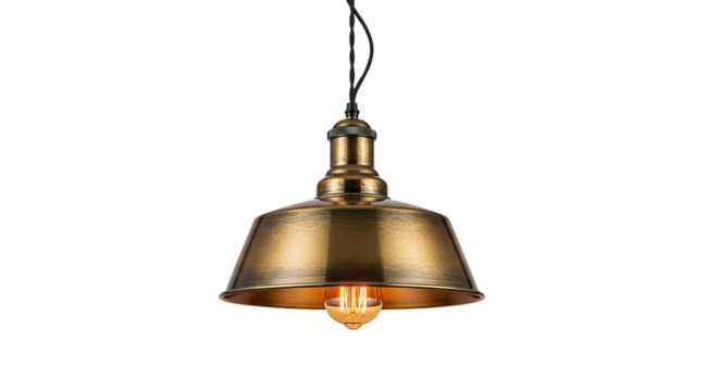 Antique Brass Industrial Pendant Light with Edison Bulb Isolated on Black Background