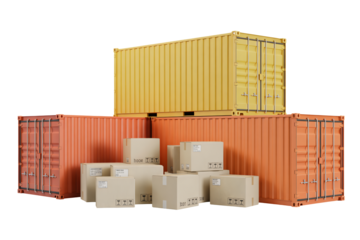 Shipping containers and packages ready for global logistics and worldwide delivery, representing international trade and commerce