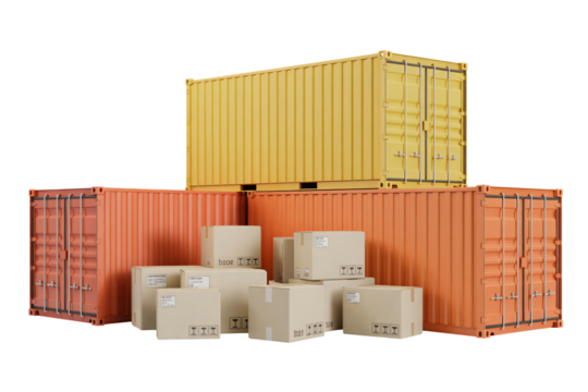 Shipping containers and packages ready for global logistics and worldwide delivery, representing international trade and commerce
