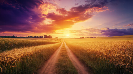 Narrow dirt road cutting through golden wheat fields at sunset, with dramatic colorful sky.