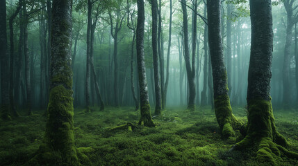Misty forest at dawn with tall moss-covered trees and green undergrowth.