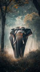Photorealistic image of an Asian elephant walking through misty jungle under soft morning light.