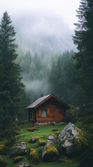 Solitary wooden cabin nestled in a foggy mountain valley surrounded by dense pine forest and mossy rocks.
