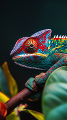 Vertical macro photo of a vibrant panther chameleon clinging to a branch with colorful background.