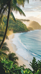 Tropical beach with white sand, turquoise waves, lush green hills and palm trees under soft morning light.