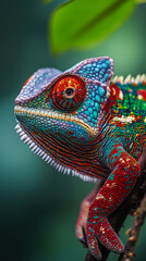 Close-up macro of a vibrant panther chameleon clinging to a branch, showing colorful textured skin.
