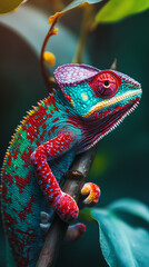 Vertical macro photo of a colorful panther chameleon clinging to a branch with natural background.