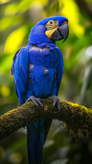 Vivid blue hyacinth macaw resting on moss-covered branch with blurred tropical jungle background.