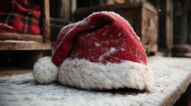 Santa hat dusted with snow. Vintage vibes