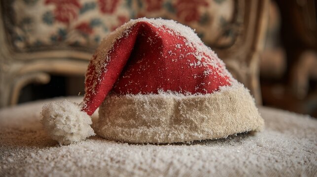 Santa hat dusted with snow. Vintage vibes