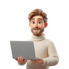Smiling cartoon man holding a laptop, isolated on transparent background