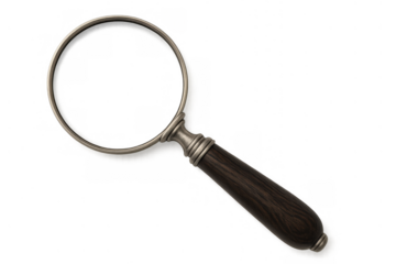Magnifying glass showing a dark wood handle and metallic frame. Transparent background allowing versatile use