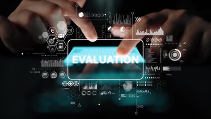 Hands typing on tablet with evaluation text, digital interface with graphs and charts, data analysis concept, technology background. Asymptotic smart data analytic. - Powered by Adobe