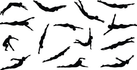 Diving silhouette collection, athlete jump pose, sports motion, black figure, isolated dive action, swim technique, dynamic body movement, vector