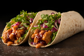 BBQ Chicken Wraps with Arugula, red Onions, and Chipotle Ranch on black background.