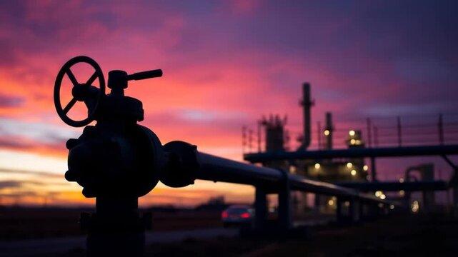 Sunset view of a valve on a gas pipe at an industrial facility at night in a rural area. 4k video