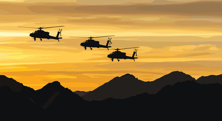 Military helicopters flying at sunset, dramatic sky, mountain silhouette, aviation power, combat aircraft, tactical formation, scenic war zone, golden hour