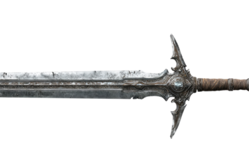 Long, ornate, steel sword.  A large,  ornate,  etched,  metal sword with a  long,  serrated blade.  The hilt is intricately carved
