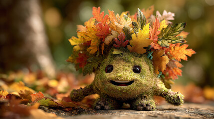 Obraz premium Ai cute forest creature with leafy crown surrounded by autumn leaves in a vibrant woodland setting 