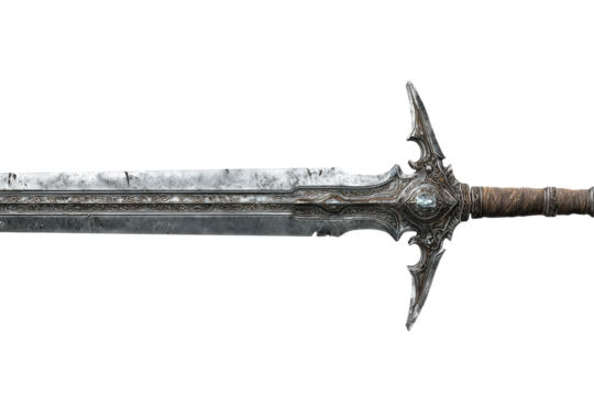 Long, ornate, steel sword.  A large,  ornate,  etched,  metal sword with a  long,  serrated blade.  The hilt is intricately carved