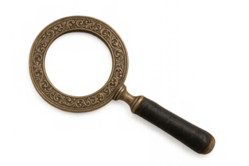 Ornate antique brass magnifying glass with dark handle on transparent background, symbolizing investigation and discovery