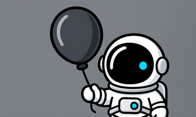 Cute Astronaut Cartoon Character Holding a Black Balloon Against a Minimal Grey Background
