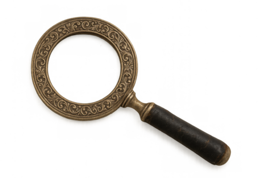 Ornate antique brass magnifying glass with dark handle on transparent background, symbolizing investigation and discovery