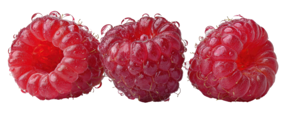 Three bright red raspberries in close-up, isolated against a black background.  Their textured surfaces show individual seeds, and their glossy finish suggests freshness