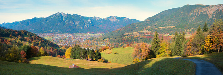 idylllic autumn landscape above Garmisch-Partenkirchen, hiking trail to Eckbauer mountain