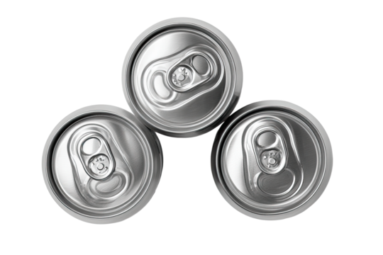 Three aluminum beverage cans, tops-down view, stacked in a triangle.  Shiny, metallic surfaces