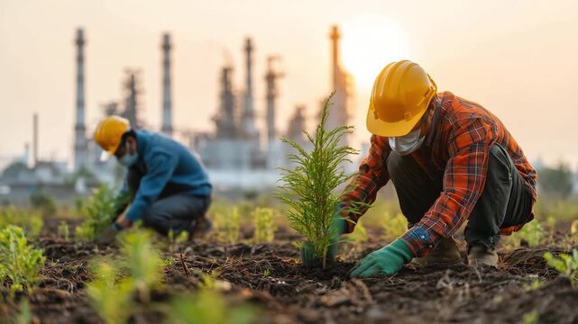 Indian workers in hard hats planting saplings in a field with industrial background during sunset, showcasing teamwork and environmental care