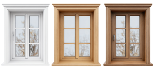 Three window styles in white, light brown, and medium brown