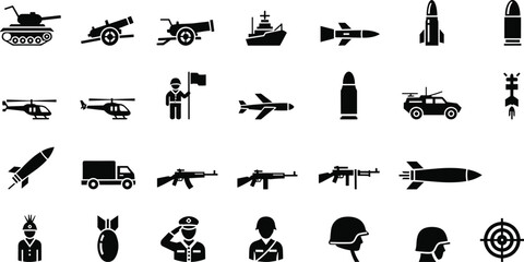 Military icon set, black silhouette vector, tanks, missiles, helicopters, rifles, soldiers, bombs, war equipment, defense symbols, combat design