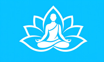 Meditating person in lotus pose within a serene lotus flower, minimalist vector on blue background.