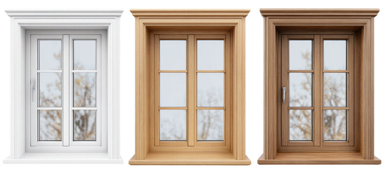 Three window styles in white, light brown, and medium brown