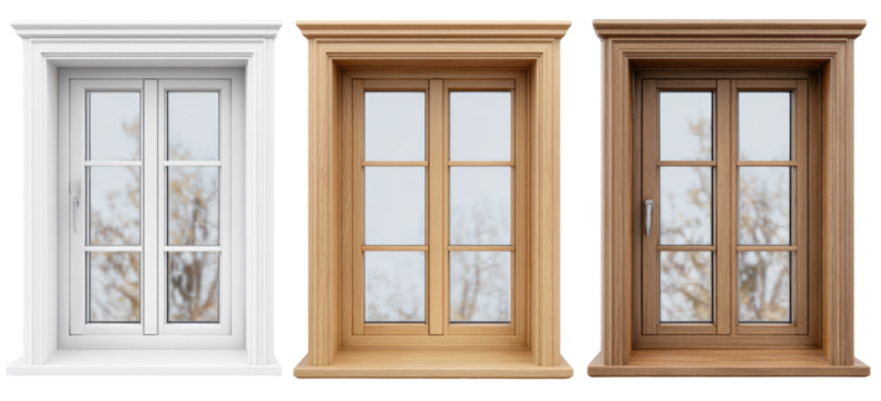 Three window styles in white, light brown, and medium brown
