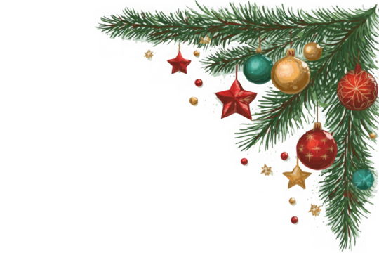 png Christmas corner decoration with fir branches and ornaments festive vector illustration for holiday designs isolated on white background
