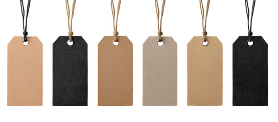 Blank rectangular tags in various muted colors, suspended by twine