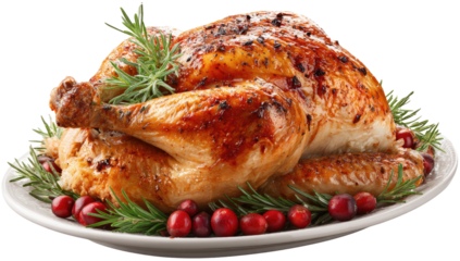 Roasted chicken, garnished with fresh herbs and cranberries, on a white plate